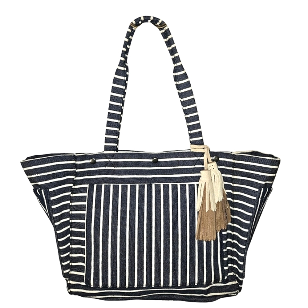 Lucky Brand Striped Navy and White Denim Tote Bag With Suede Tassle